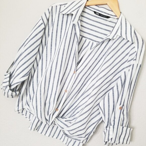 Zara Striped Linen Blend Knotted Twist Front Button Front Shirt Size S White - Picture 12 of 16